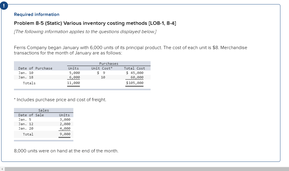  Required information Problem 8-5 (Static) Various inventory costing methods [LO8-1, 8-4]