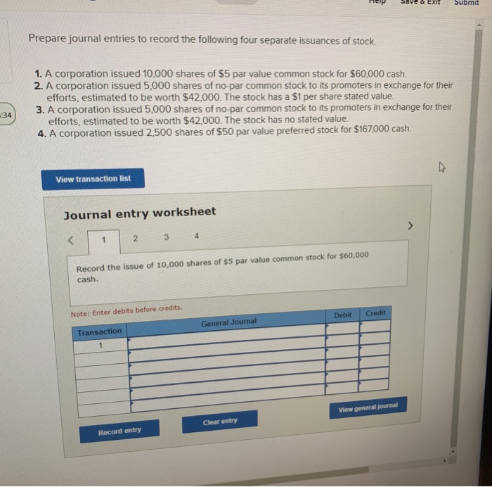  Help Save & Exit Submit Prepare journal entries to record the