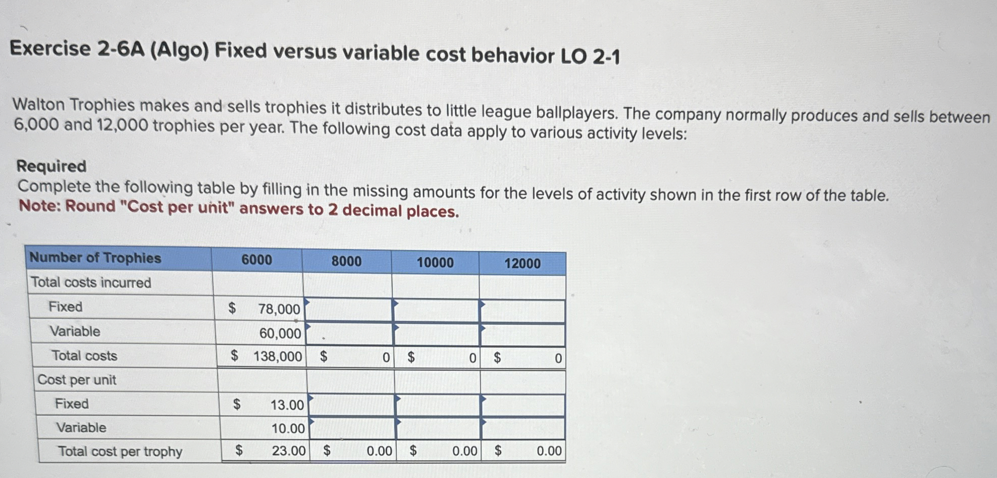  Exercise 2-6A (Algo) Fixed versus variable cost behavior LO 2-1 Walton