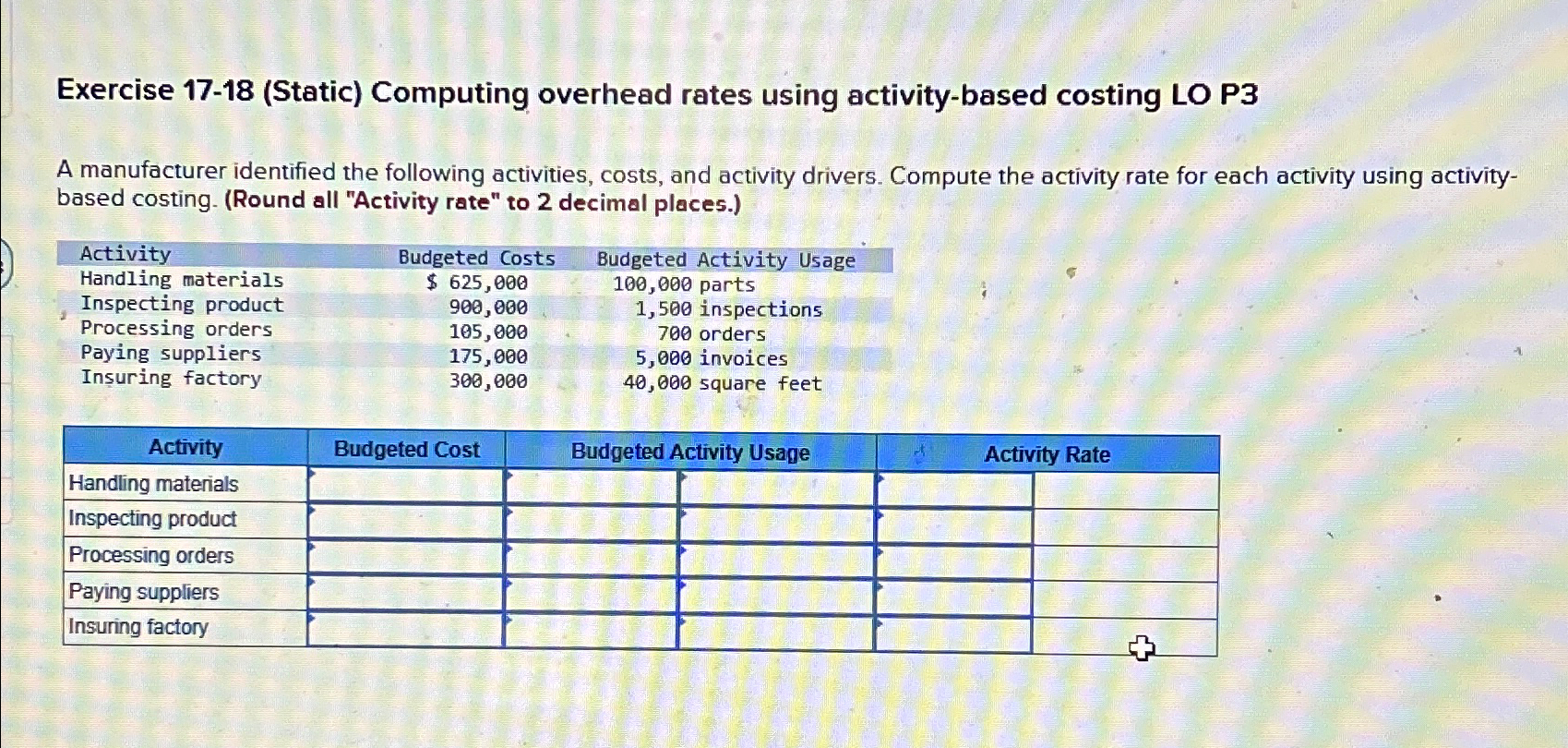  Exercise 17-18(Static) Computing overhead rates using activity-based costing LO P3 A