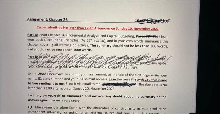 Assignment: Chapter 26 To be submitted No later than 12:00 Afternoon