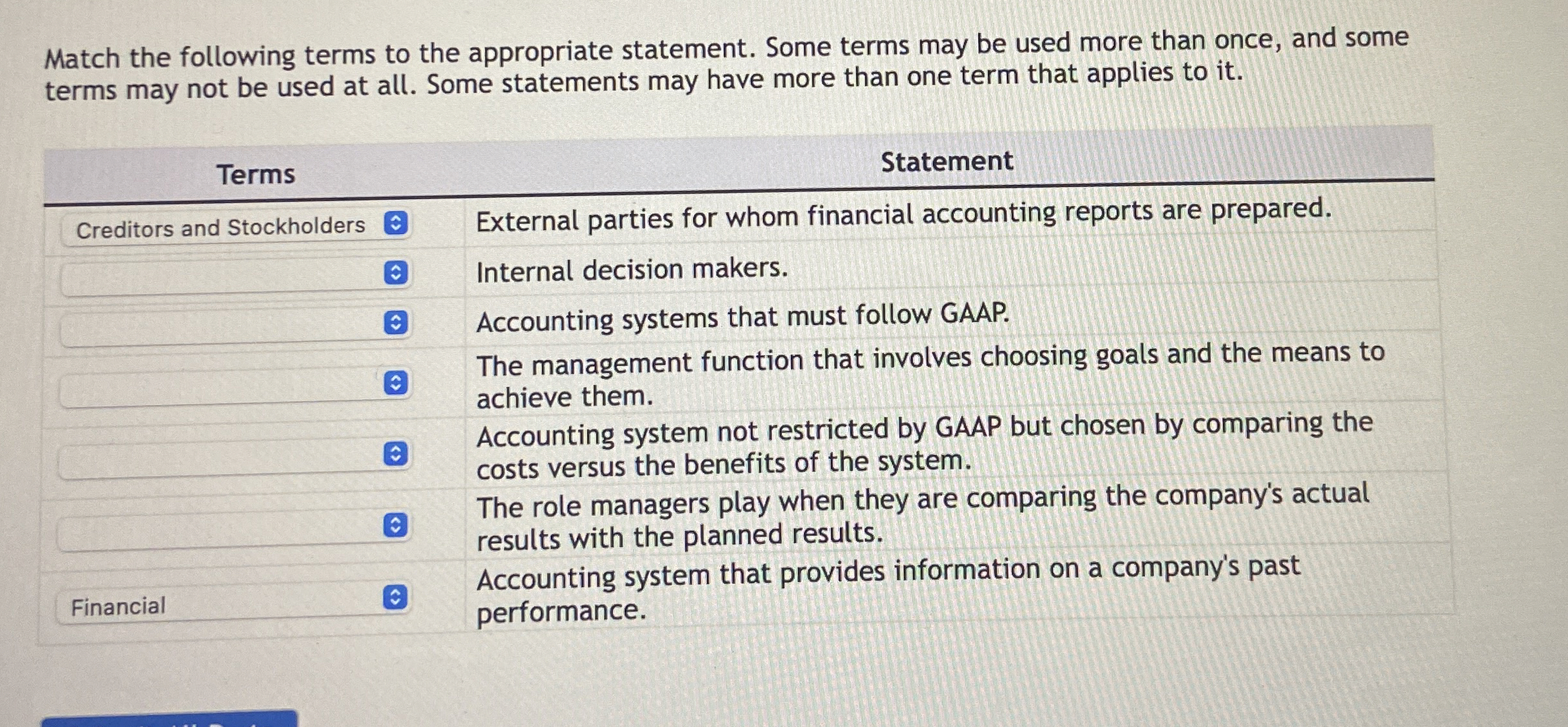  Match the following terms to the appropriate statement. Some terms may
