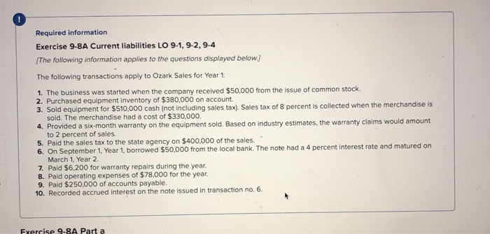  Required information Exercise 9-8A Current liabilities LO 9-1, 9-2, 9-4 The