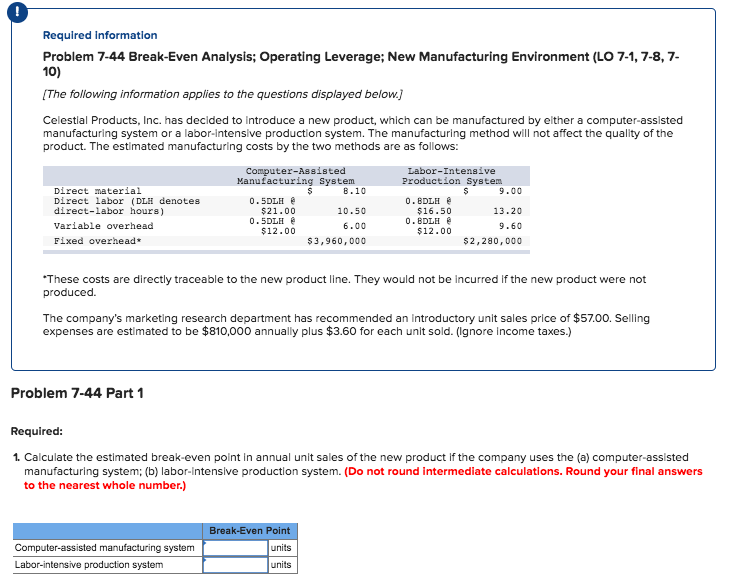 Required information Problem 7-44 Break-Even Analysis; Operating Leverage; New Manufacturing Environment