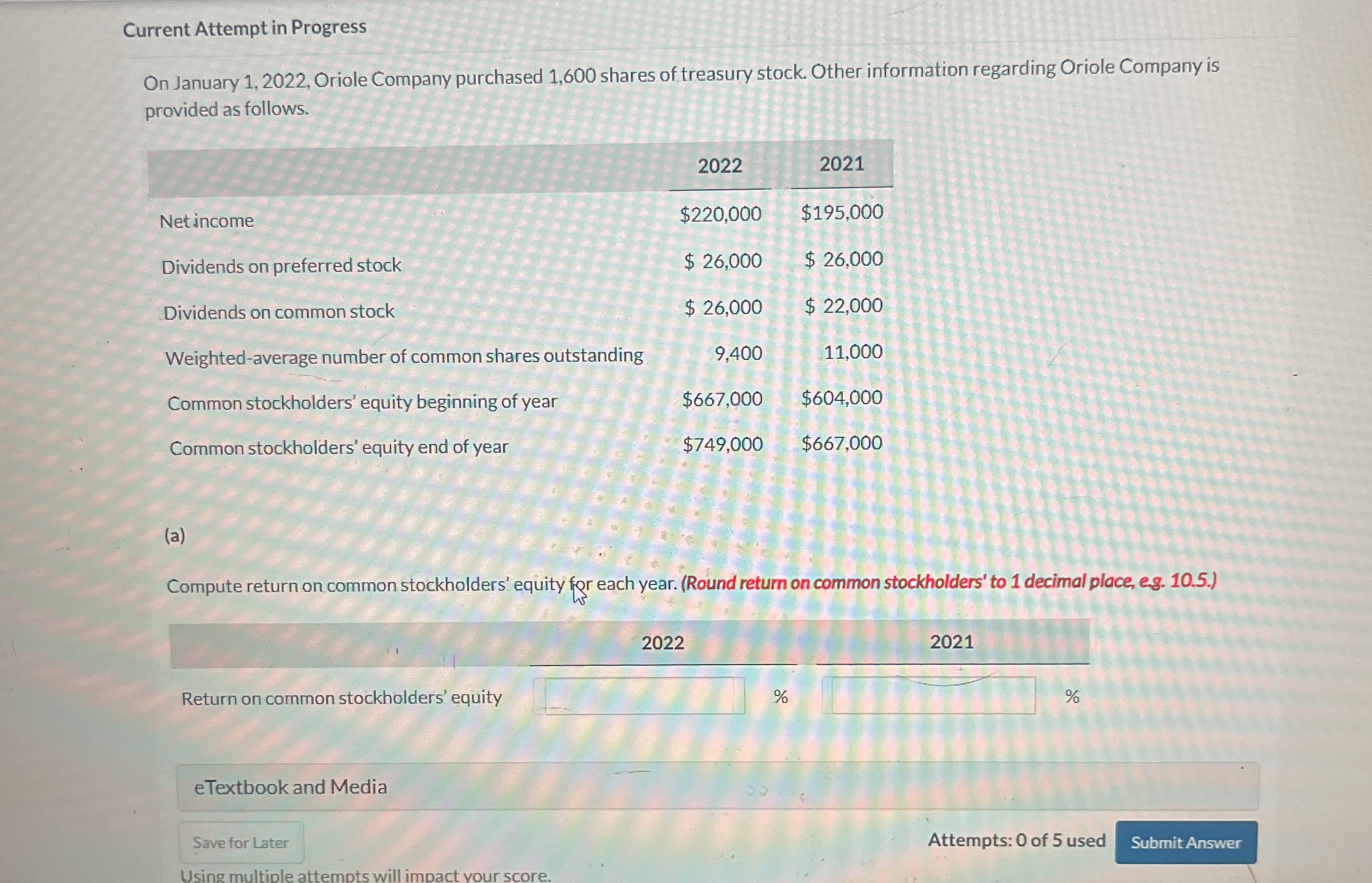  Current Attempt in Progress On January 1,2022, Oriole Company purchased 1,600