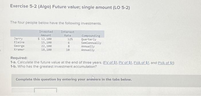  Exercise 5-2 (Algo) Future value; single amount (LO 5-2) The four
