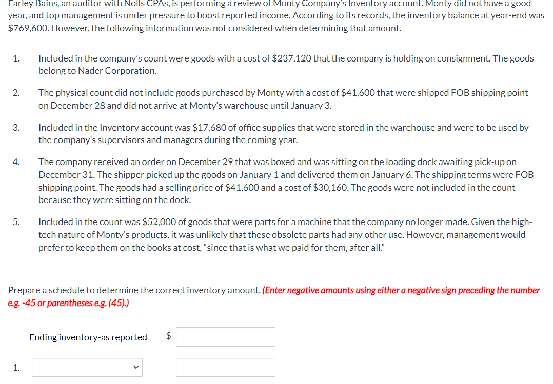  Prepare a schedule to determine the correct inventory amount. (Enter negative