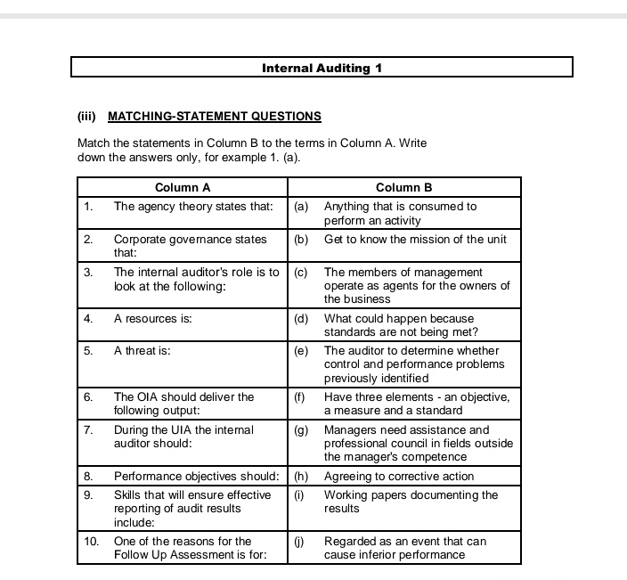  Internal Auditing 1 (iii) MATCHING-STATEMENT QUESTIONS Match the statements in Column