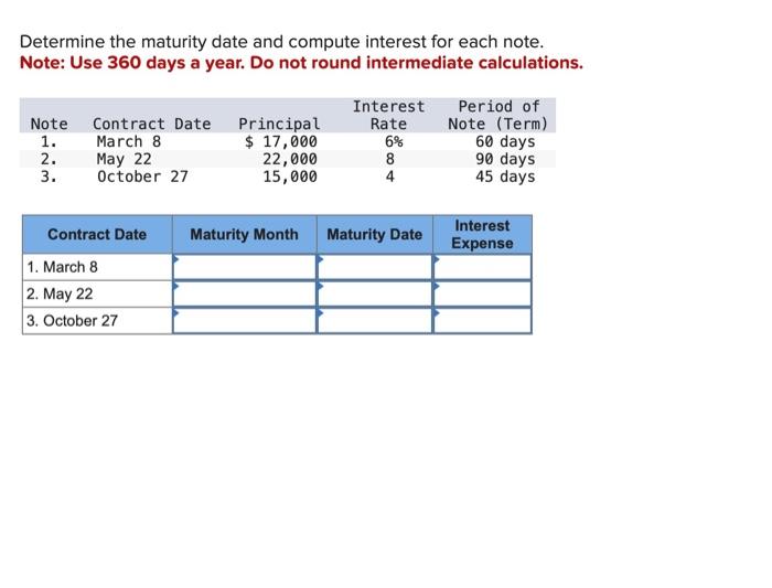  Determine the maturity date and compute interest for each note. Note: