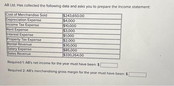  AB Ltd. Has collected the following data and asks you to