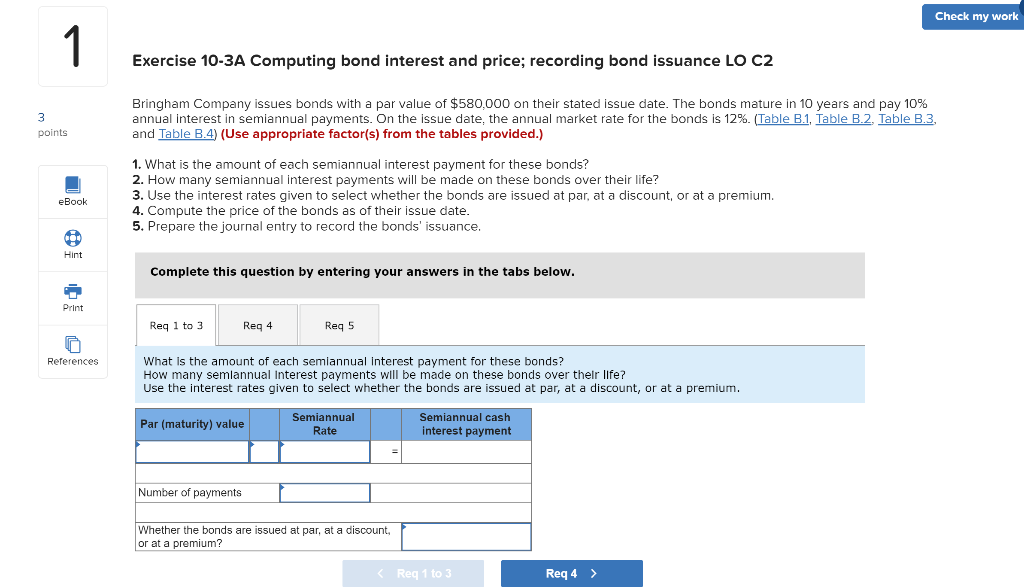  Check my wo Exercise 10-3A Computing bond interest and price; recording