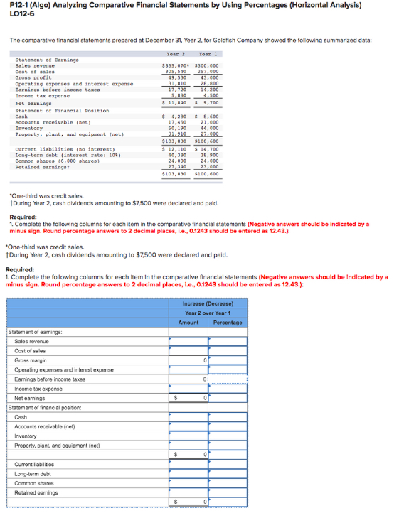  P12-1(Algo) Analyzing Comparative Financial Statements by Using Percentages (Horizontal Analysis) LO12-6