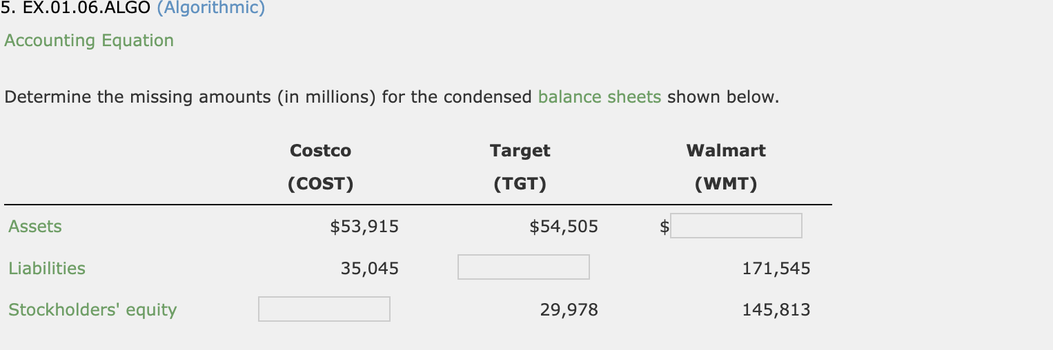  5. EX.01.06.ALGO Question Content Area Accounting Equation Determine the missing amounts