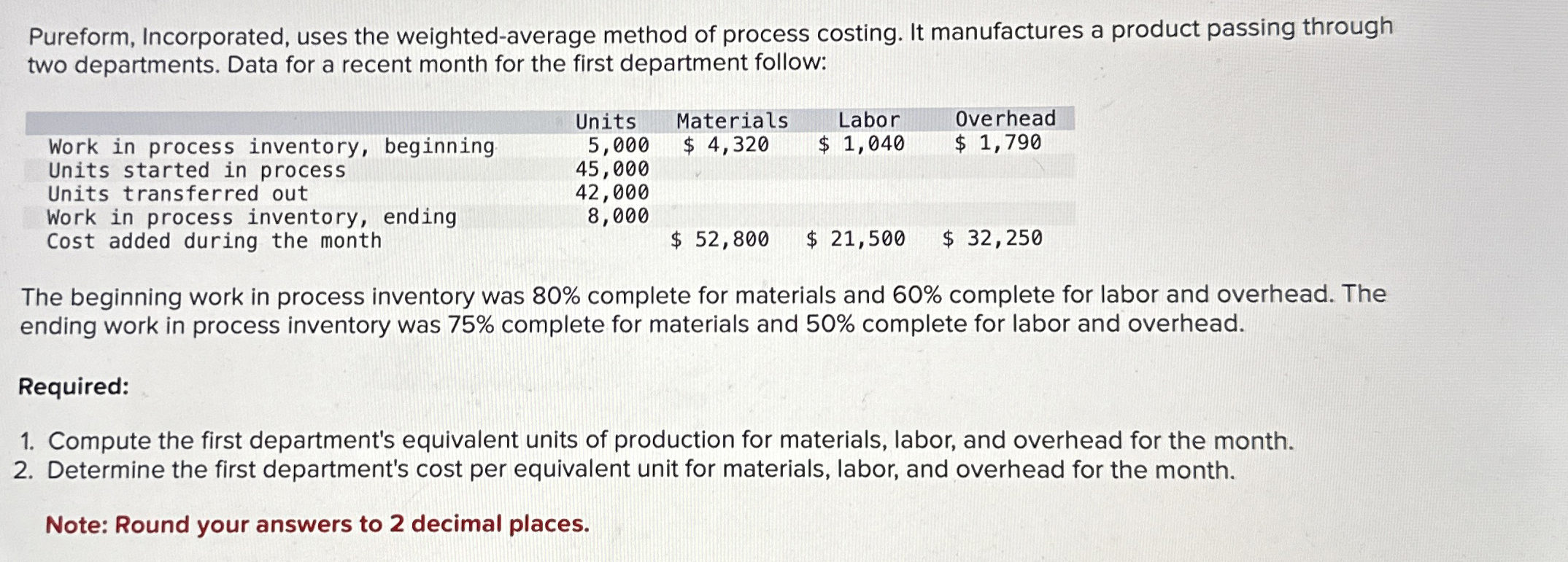  Pureform, Incorporated, uses the weighted-average method of process costing. It manufactures