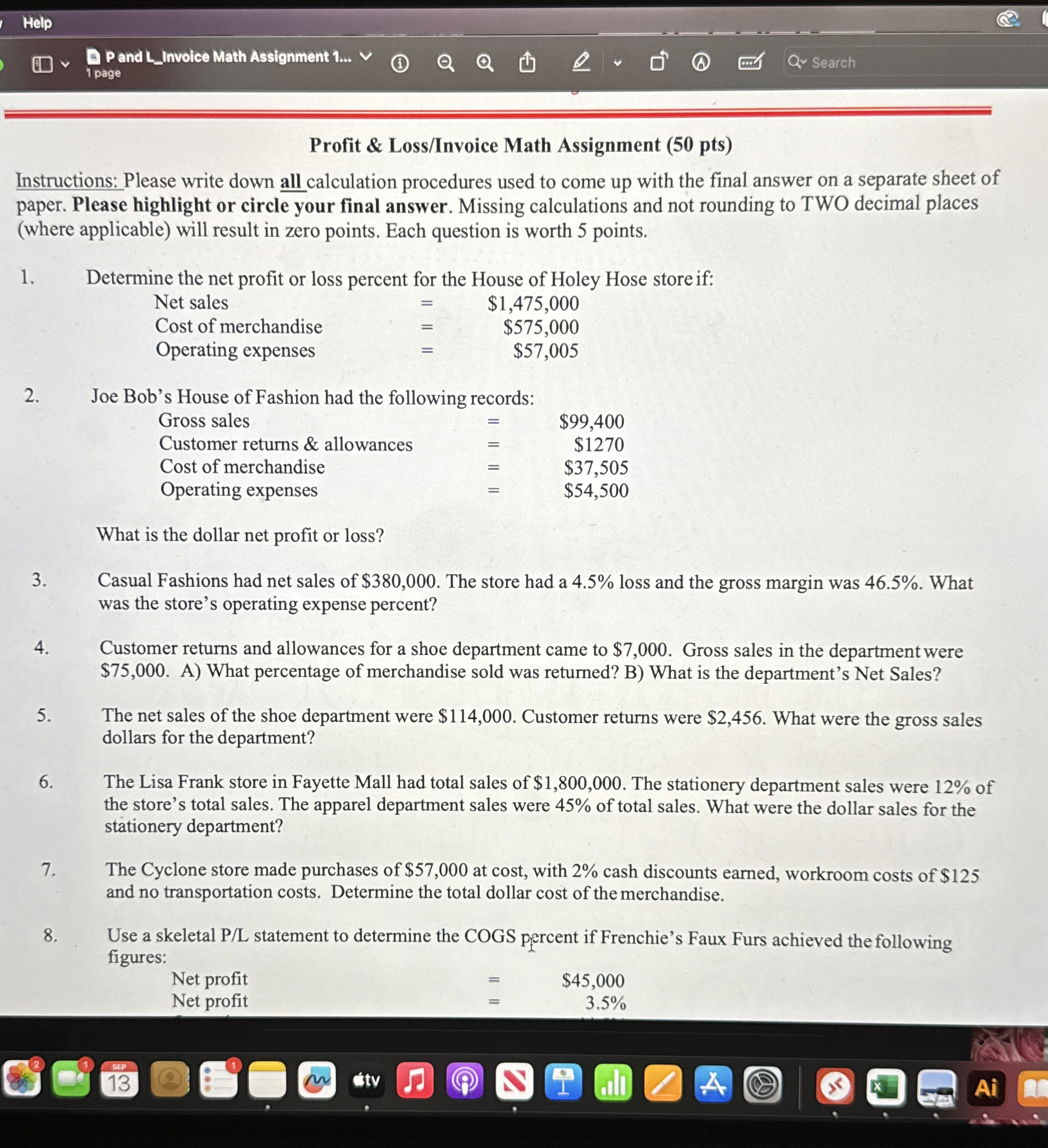  Profit & Loss/Invoice Math Assignment (50 pts) Instructions: Please write down