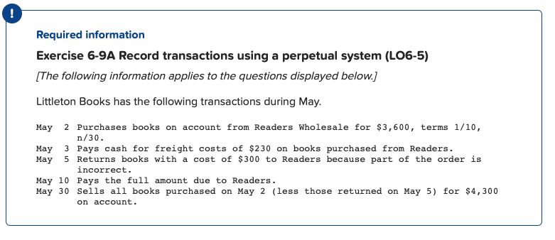 Required information Exercise 6-9A Record transactions using a perpetual system (L06-5)