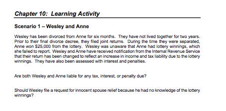 Please answer questions 9-12 Chapter 10: Learning Activity Scenario 1- Wesley and