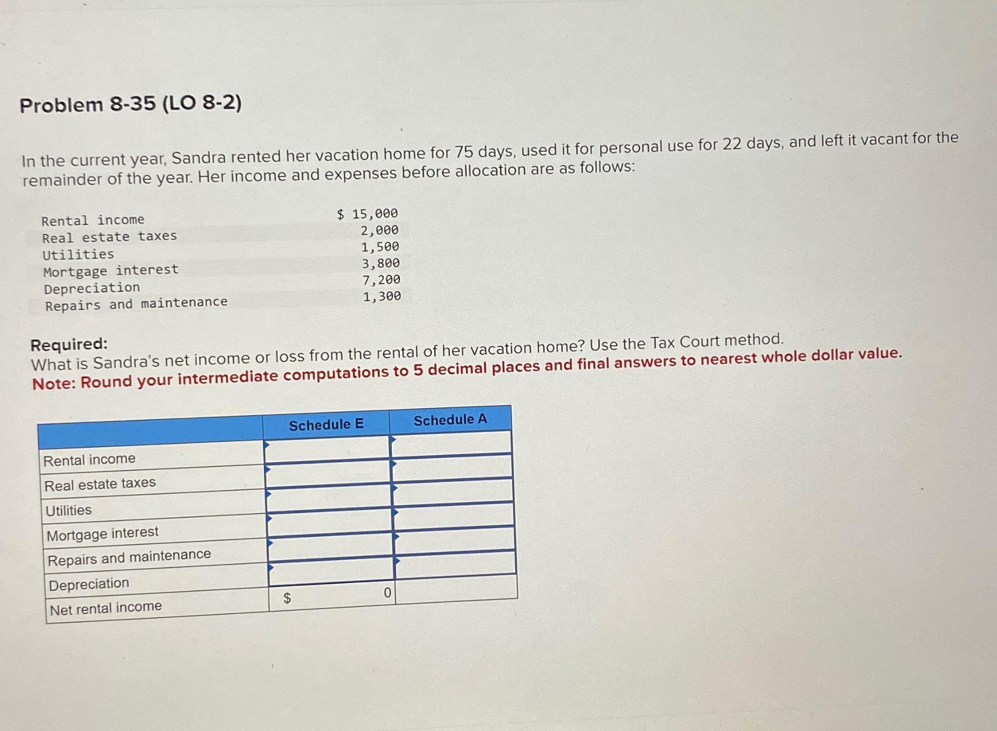  Problem 8-35(LO 8-2) In the current year, Sandra rented her vacation