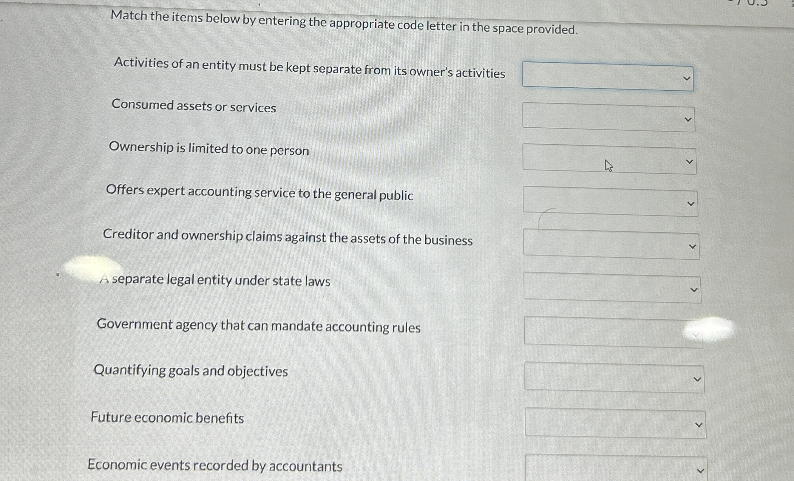  Match the items below by entering the appropriate code letter in
