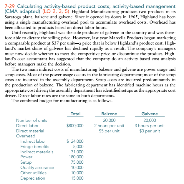  7-29 Calculating activity-based product costs; activity-based management (CMA adapted) (LO 2,