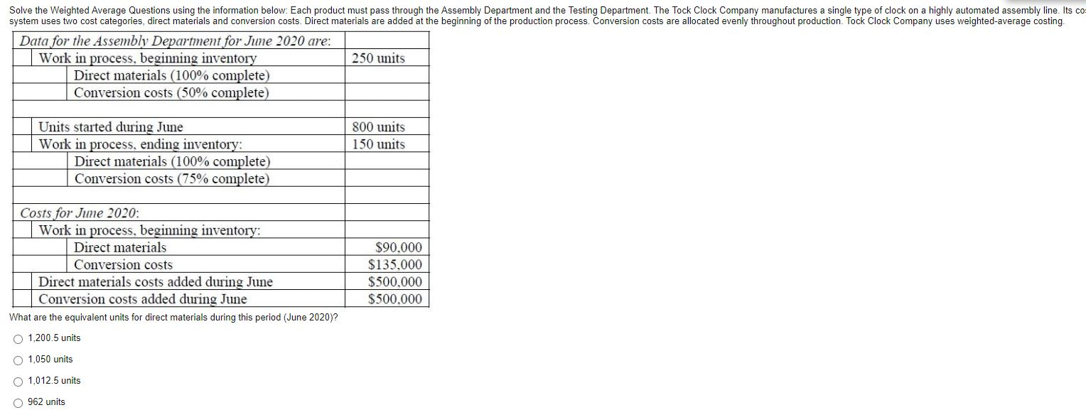 Solve the Weighted Average Questions using the information below. Each product