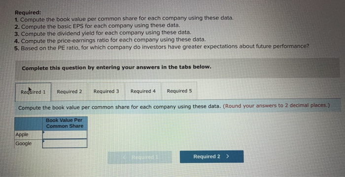  Required: 1. Compute the book value per common share for each