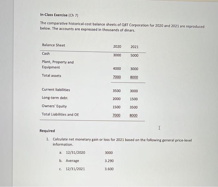 Solve In-Class Exercise (Ch 7) The comparative historical-cost balance sheets of Q8T