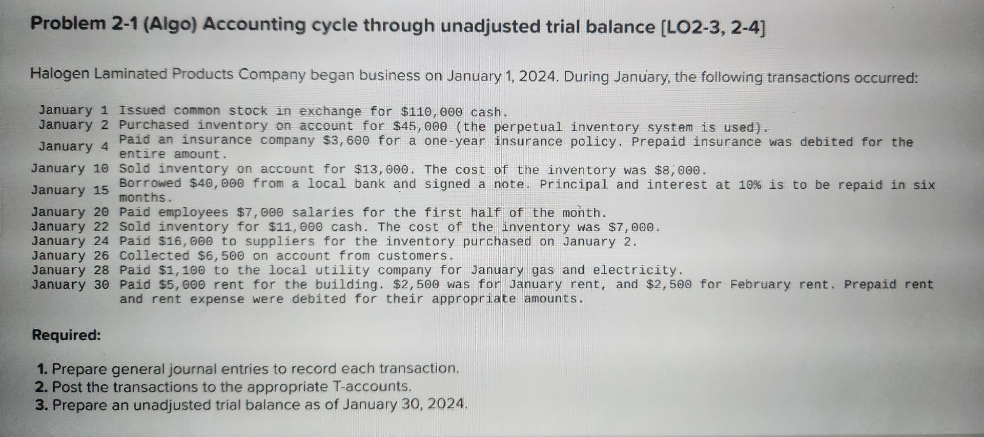  Problem 2-1(Algo) Accounting cycle through unadjusted trial balance [LO2-3,2-4] Halogen Laminated