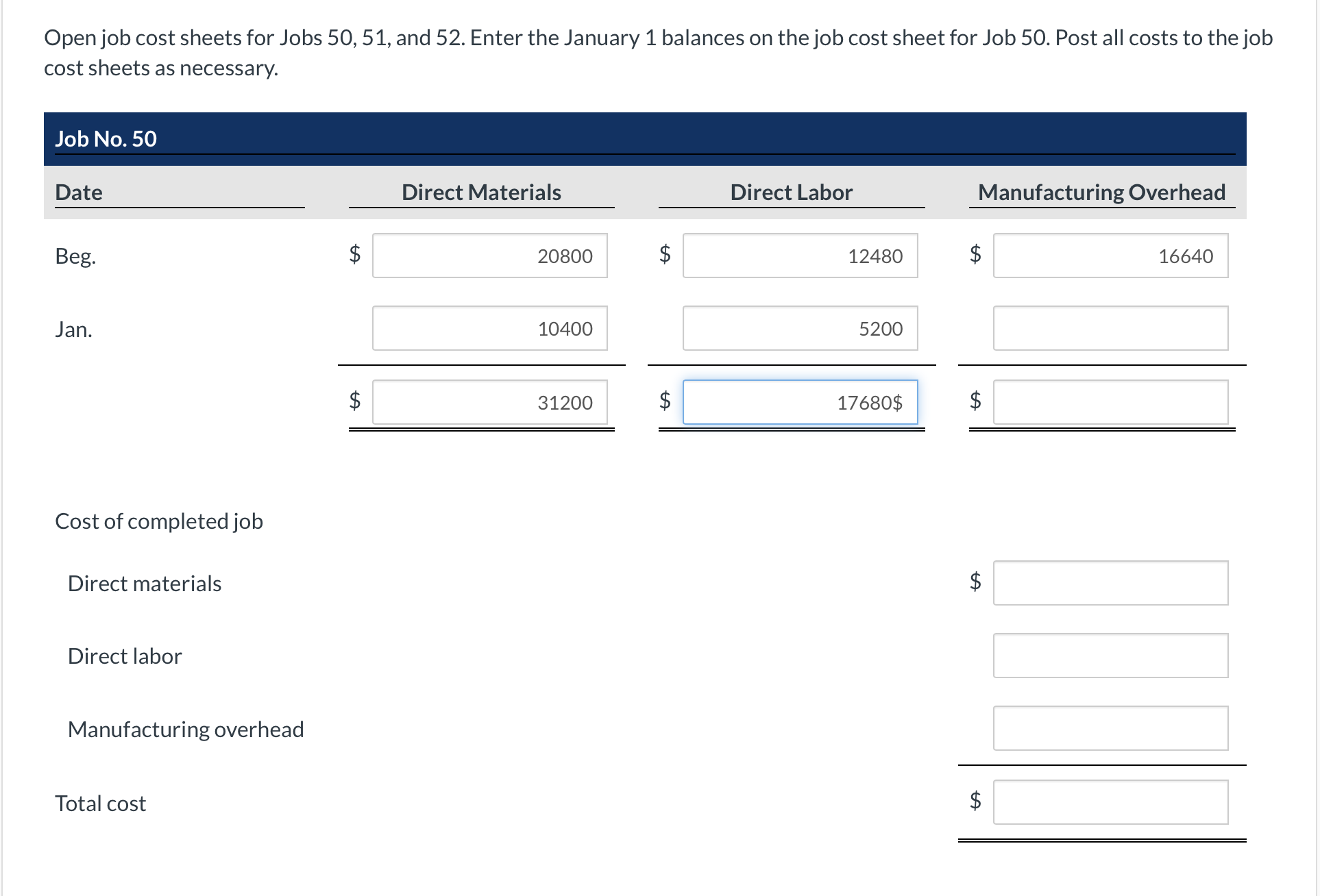 no.50 at jan Open job cost sheets for Jobs 50, 51, and