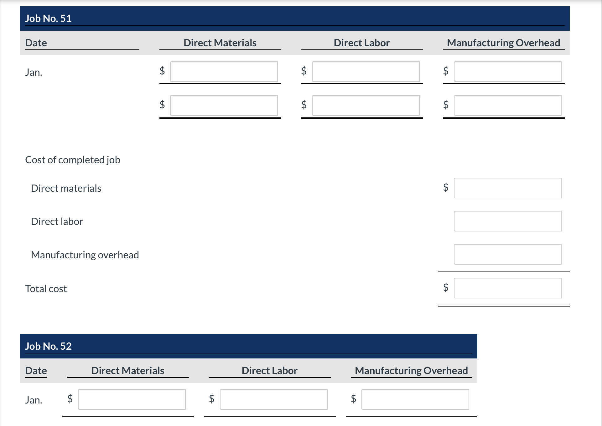 52. Enter the January 1 balances on the job cost sheet for