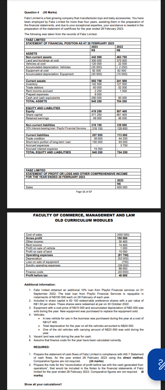  Question 4(30 Marks)Fabz Limited is a fast growing company that manufactures