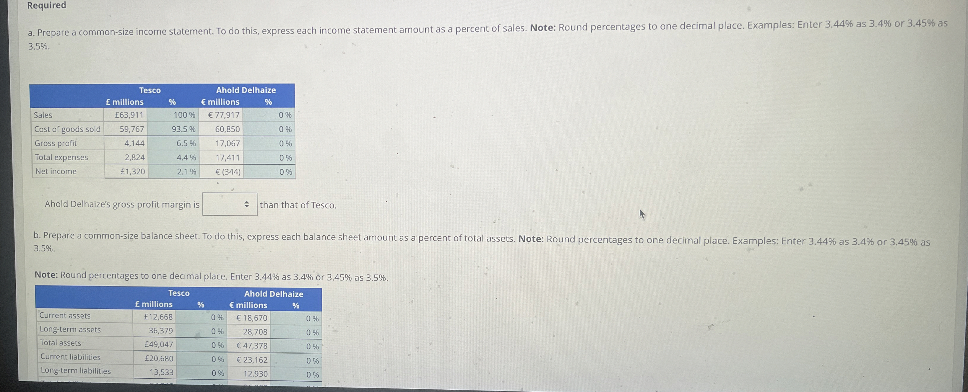  Required 3.5% \table[[,Tesco,Ahold Delhaize],[, millions,%,millions,% 