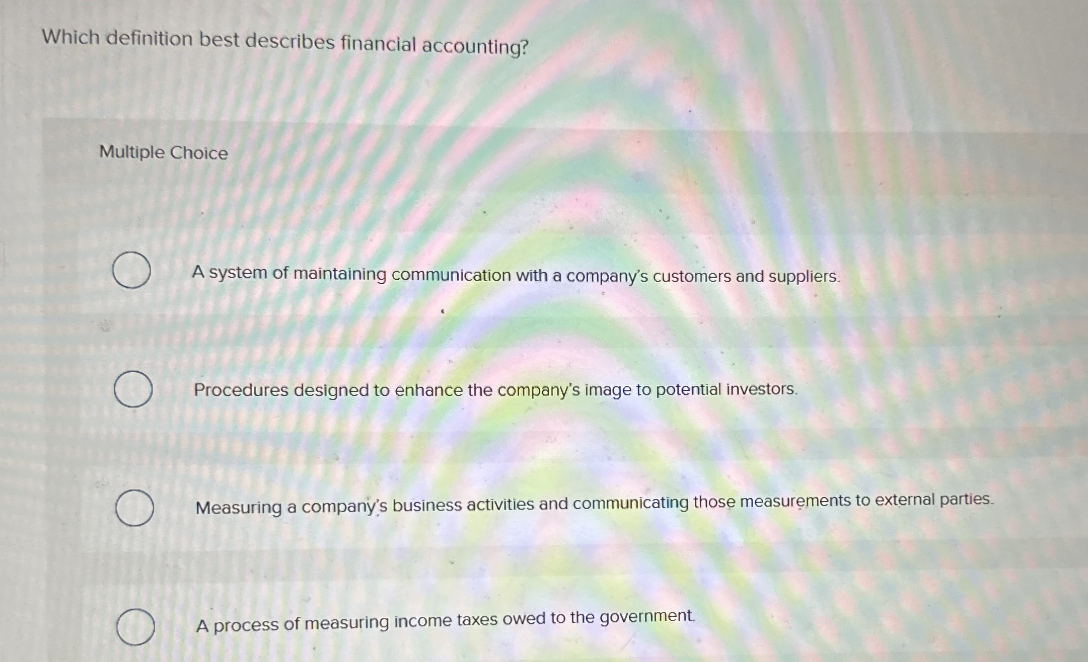  Which definition best describes financial accounting? Multiple Choice A system of