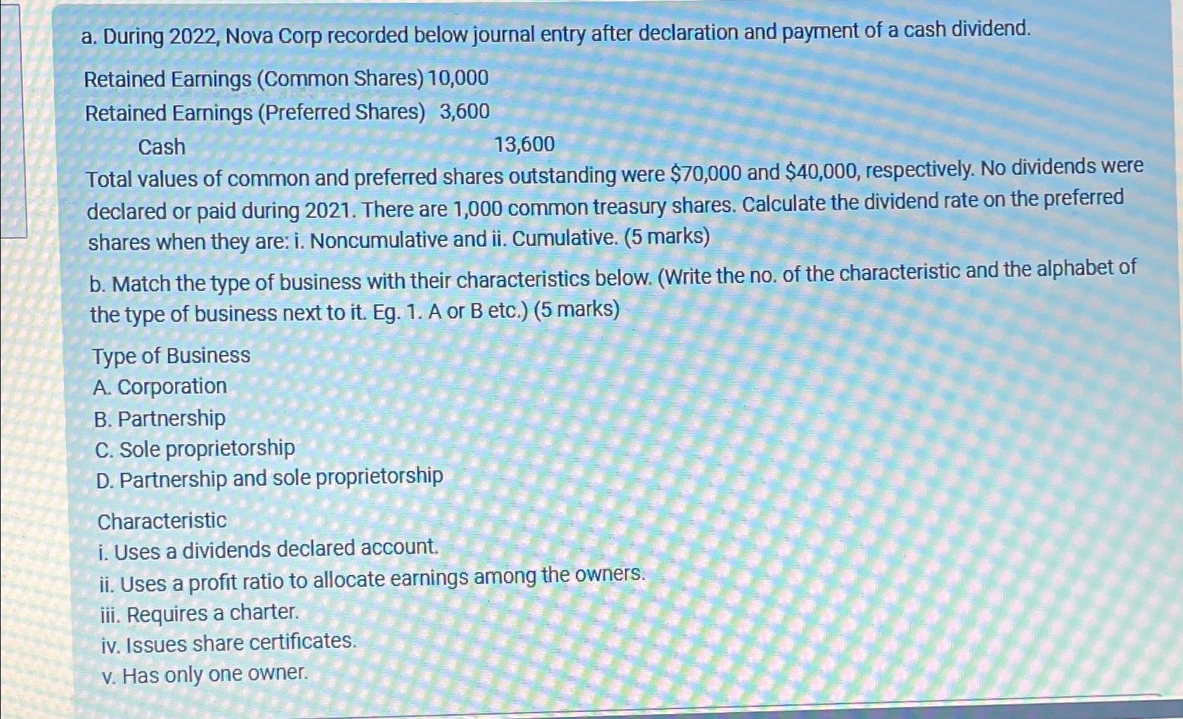  a. During 2022, Nova Corp recorded below journal entry after declaration