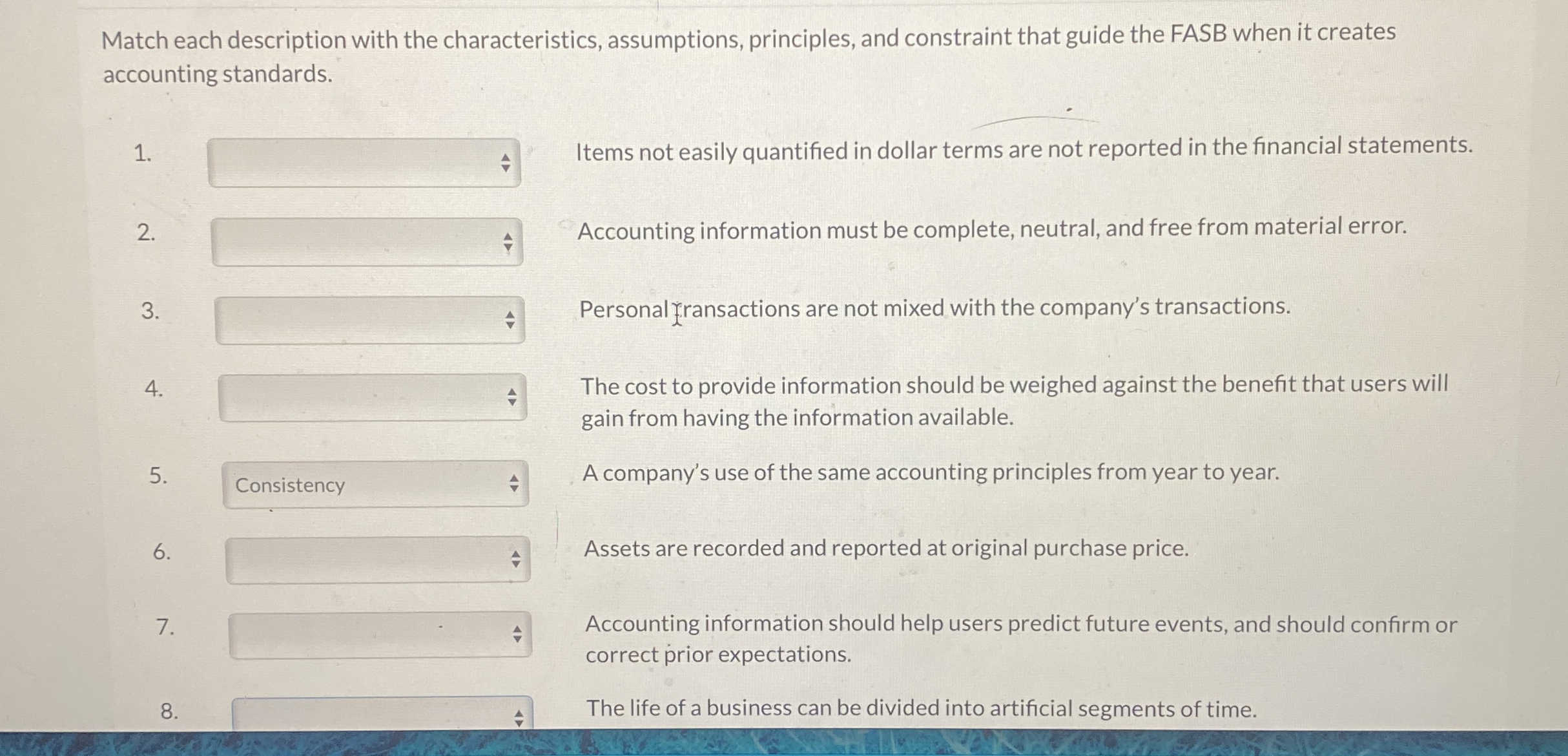  Match each description with the characteristics, assumptions, principles, and constraint that