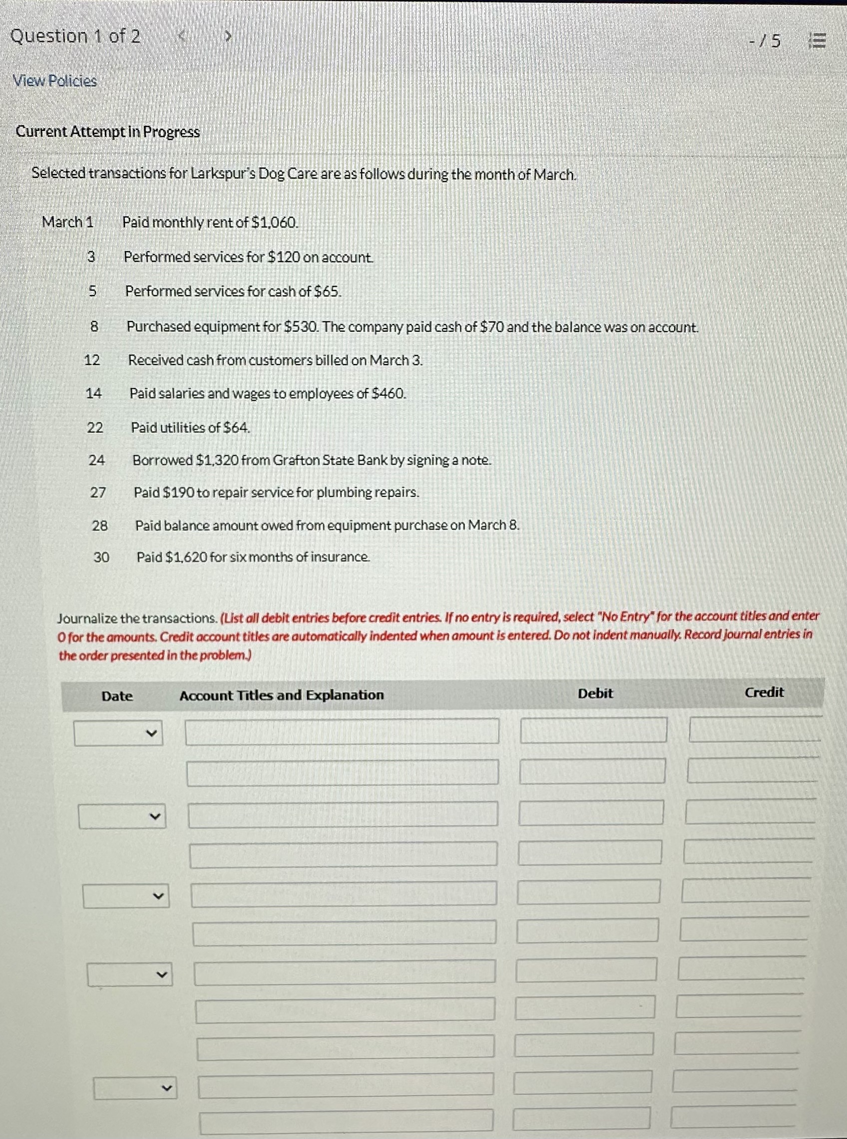  Current Attempt in Progress Selected transactions for Larkspur's Dog Care are