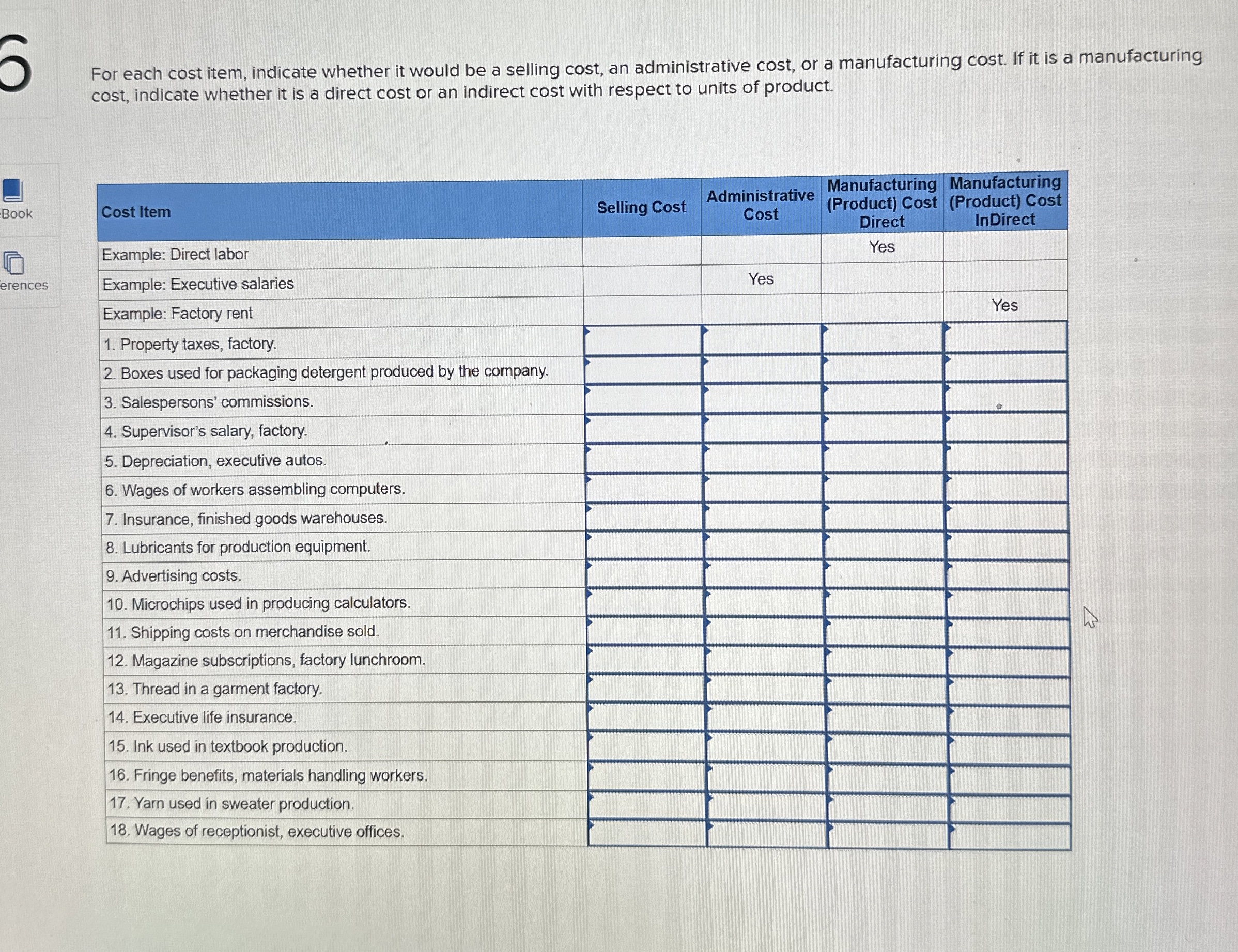  For each cost item, indicate whether it would be a selling