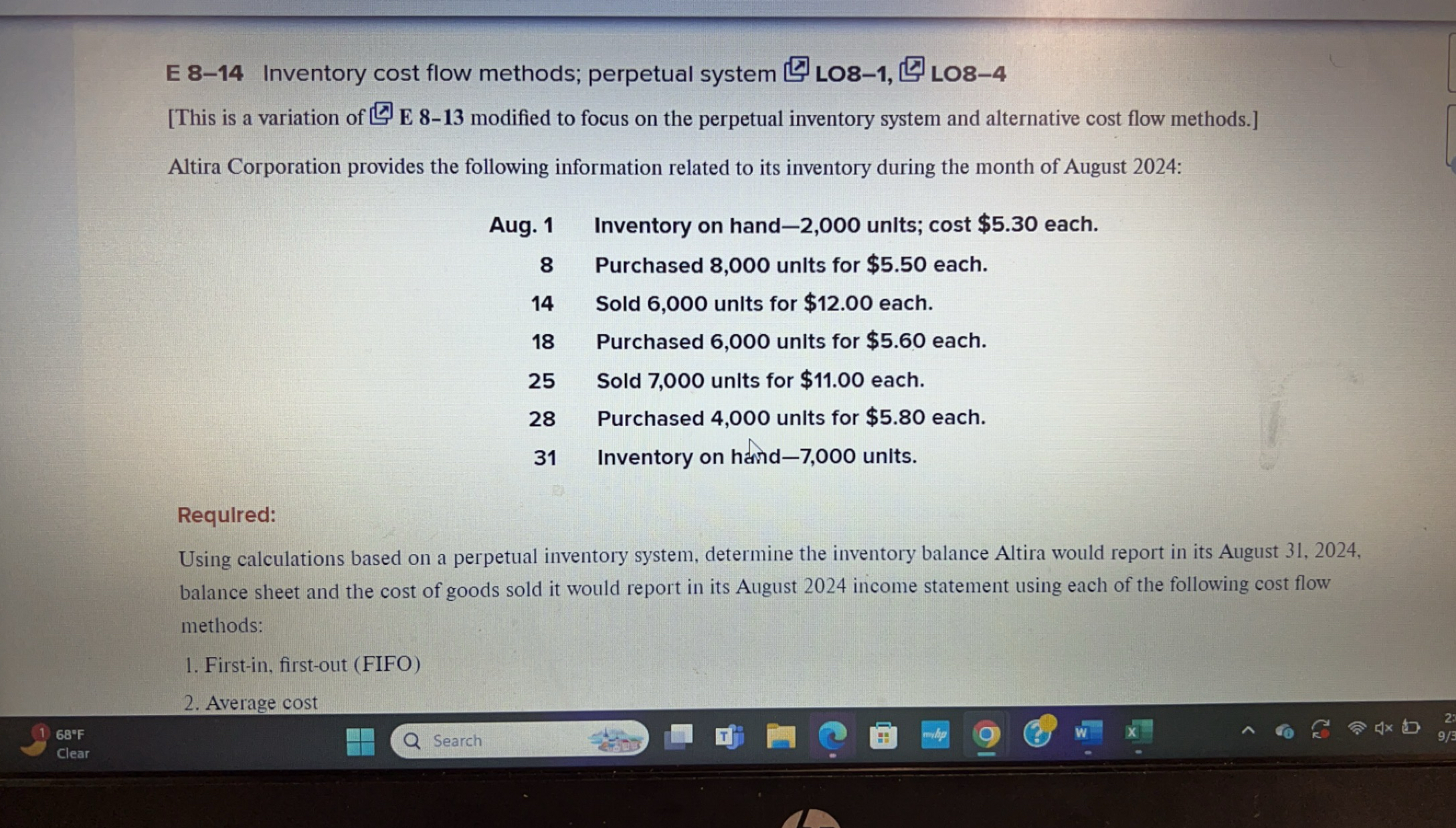  E 8-14 Inventory cost flow methods; perpetual system LO8-1, LO8-4 [This