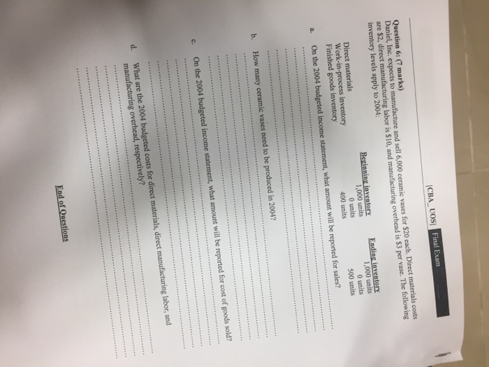  CBA UOs Question 6: (7 marks Daniel, Inc. expects to manufacture
