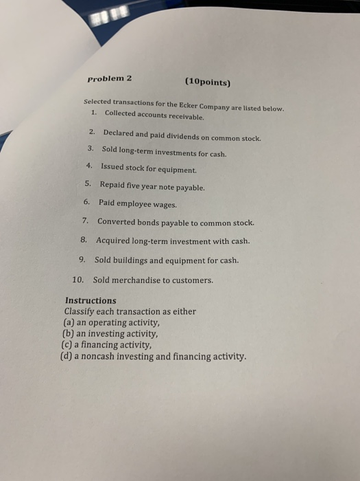  Problem 2 (10 points) Selected transactions for the Ecker Company are