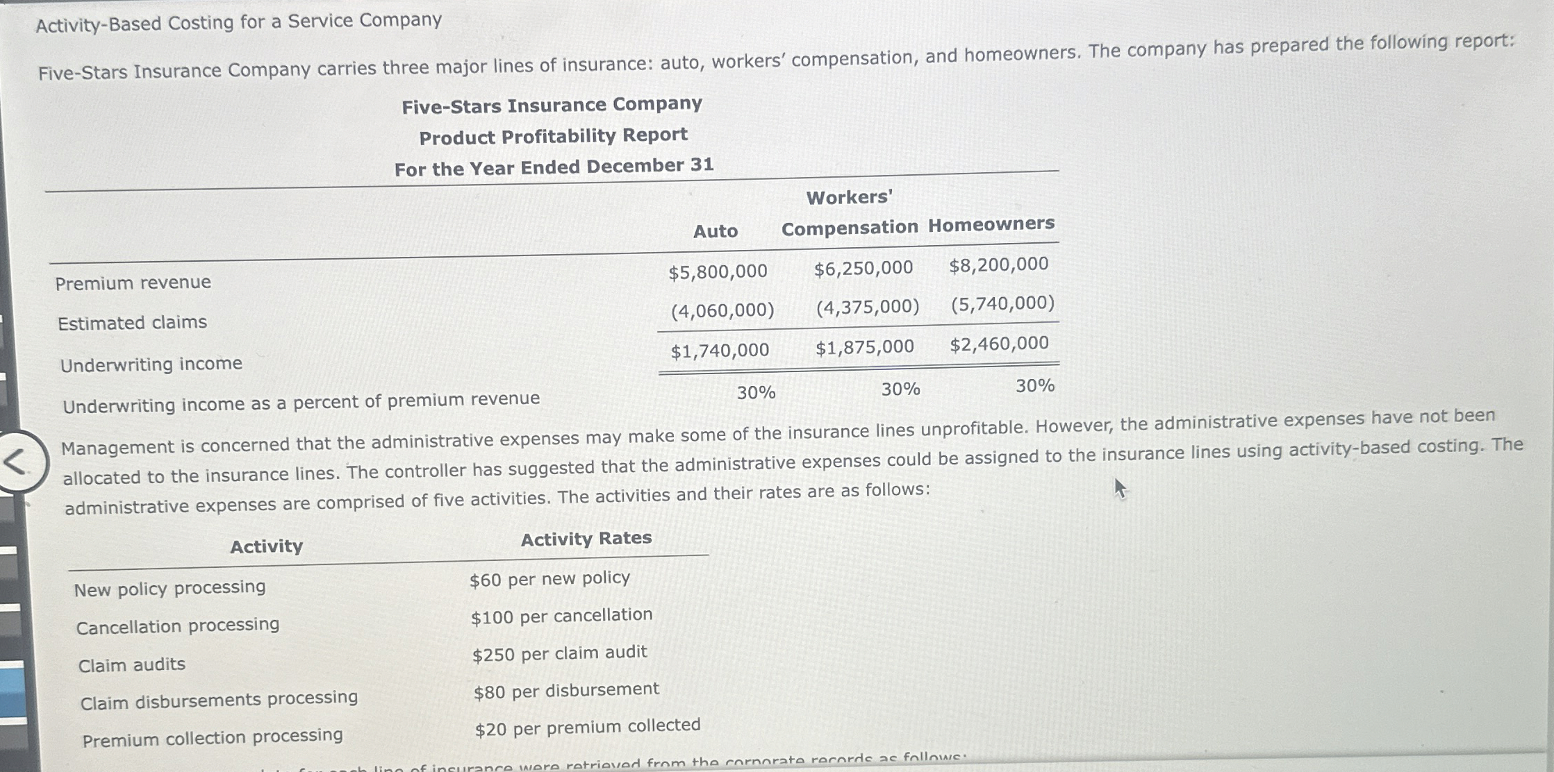  Activity-Based Costing for a Service Company Five-Stars Insurance Company carries three