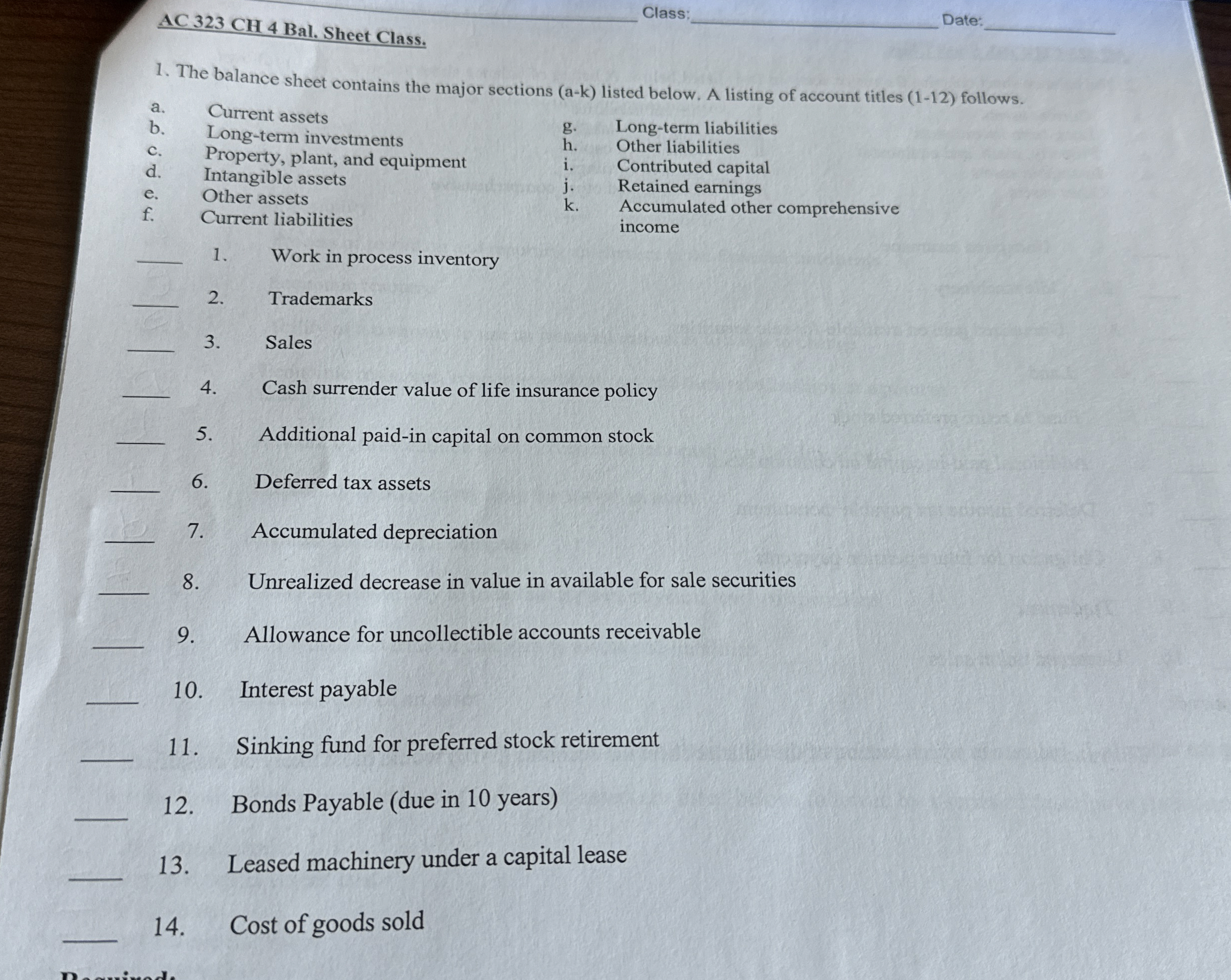  AC 323 CH 4 Bal. Sheet Class. The balance sheet contains