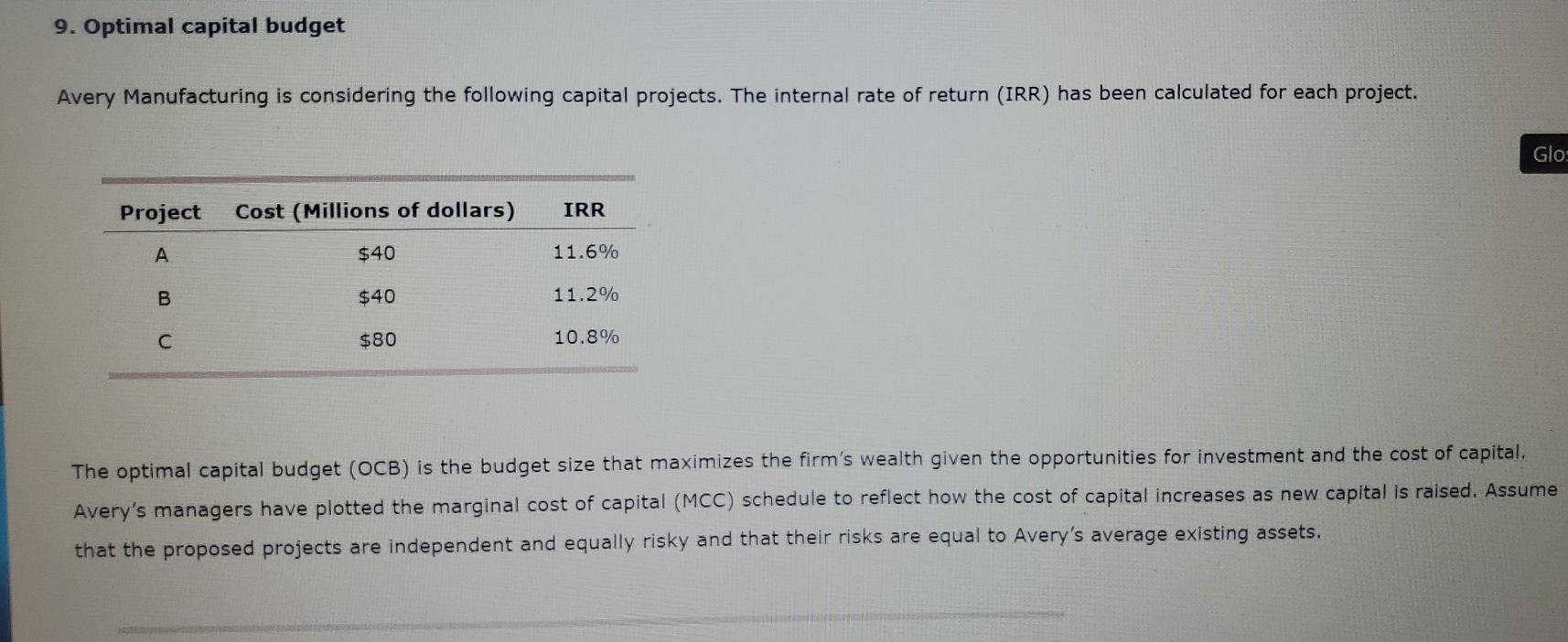 please solve A and B 9. Optimal capital budget Avery Manufacturing is