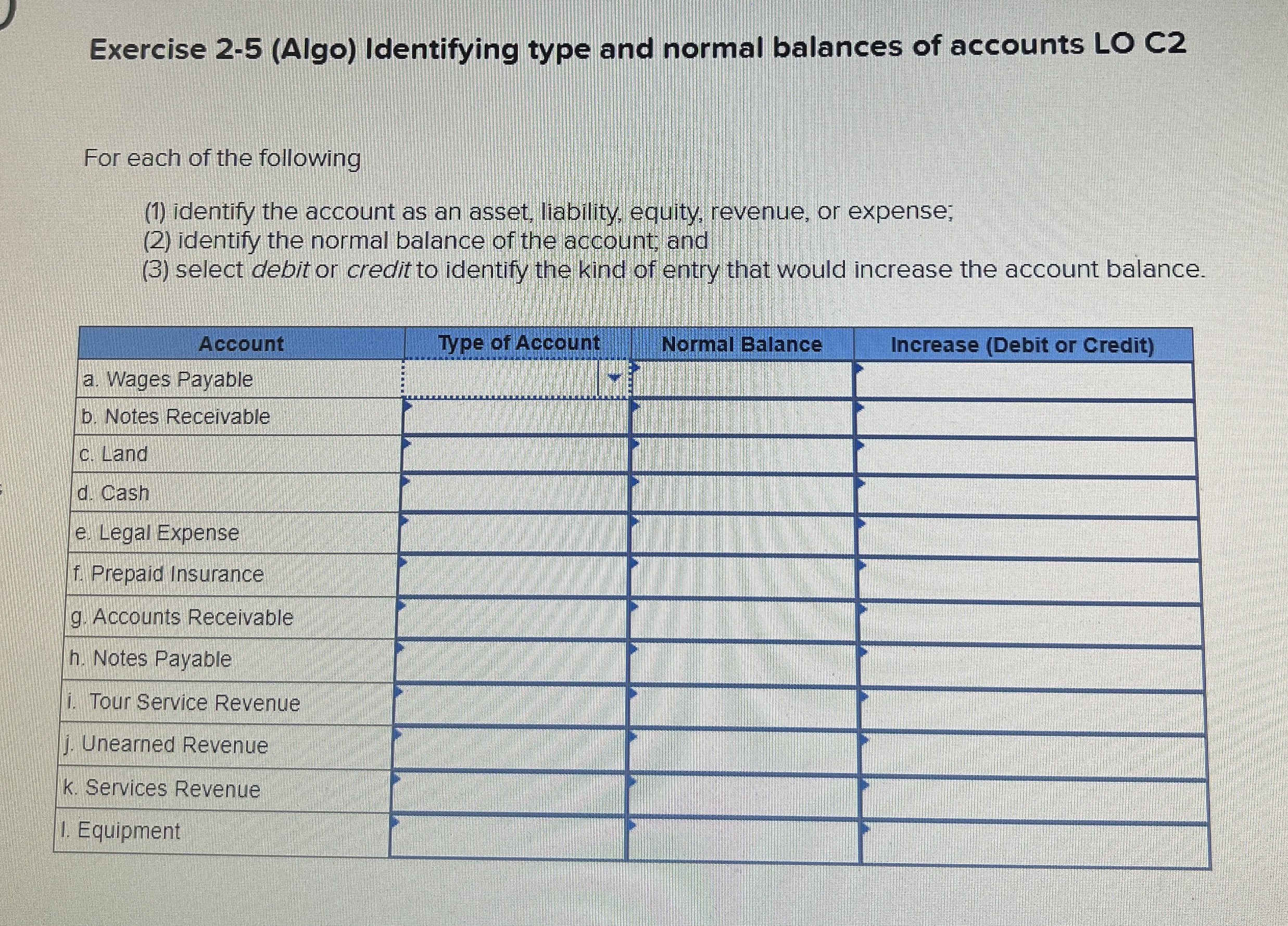  Exercise 2-5(Algo) Identifying type and normal balances of accounts LO C2