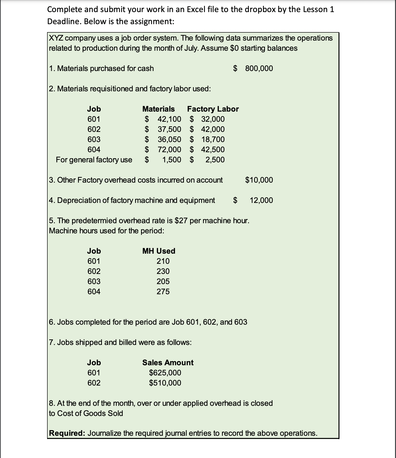  Complete and submit your work in an Excel file to the