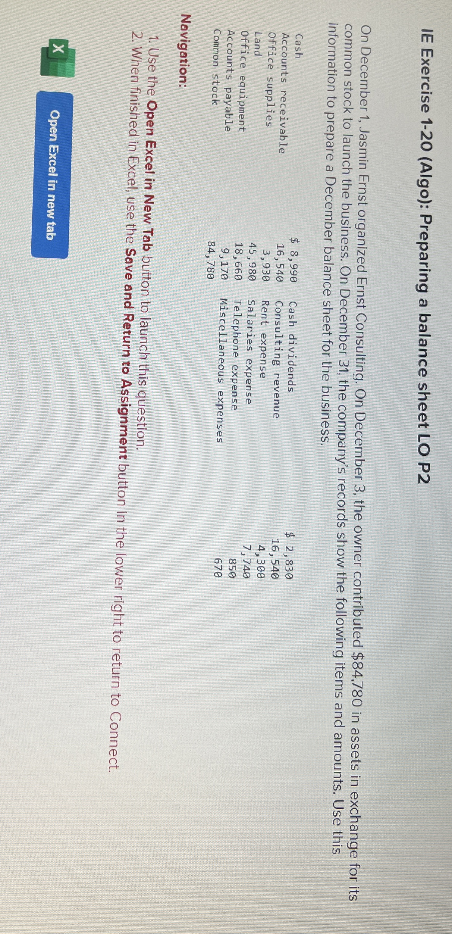  IE Exercise 1-20(Algo): Preparing a balance sheet LO P2 On December