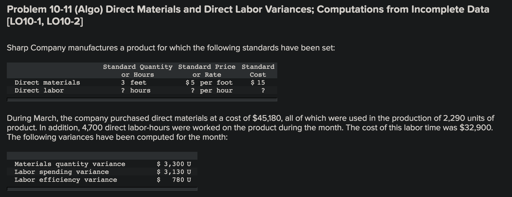 Problem 10-11 (Algo) Direct Materials and Direct Labor Variances; Computations from
