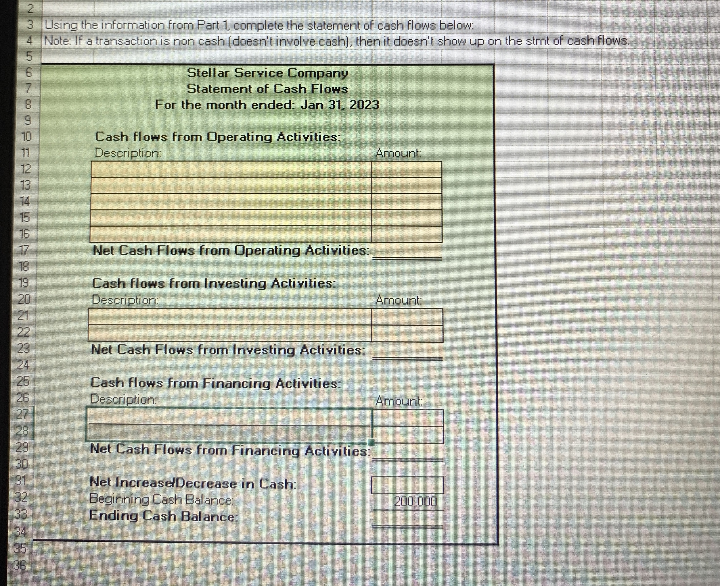  Using the information from Part 1, complete the statement of cash