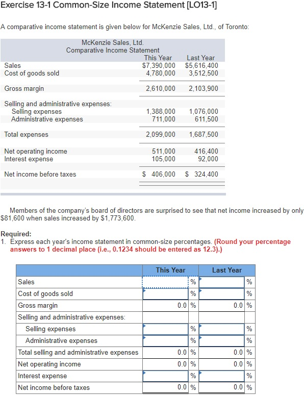  Exercise 13-1 Common-Size Income Statement LO13-1] A comparative income statement is