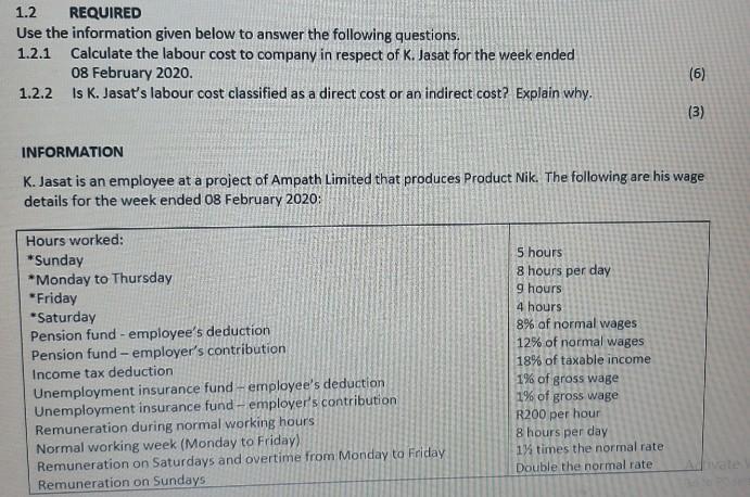1.2 REQUIRED Use the information given below to answer the following